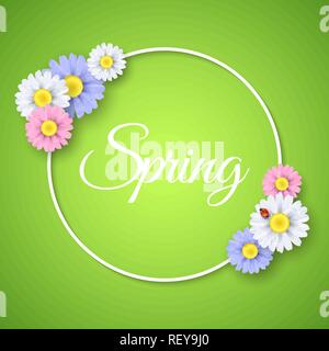 Spring seasonal banner. Paper round 3d frame. Multicolored realistic flowers on a green backdrop. Ladybug on a daisy. Vector illustration. EPS 10 Stock Vector