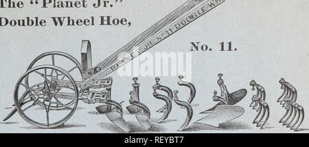 . Dreer's wholesale price list / Henry A. Dreer.. Nursery Catalogue. This tool IS brand new ior 1898. Wheels are 11 inches diameter, and can be set at four diflerent distances; the frame can be set at three different heights. With all parts as shown above, complete, $8.00. Without rakes, small hoes and leaf lifters, 86.00. With one pair 0 inch hoes only, $4.00. New Iron Age Double Wheel Hoe. A featherweight tool of wonderful power. The large wheel makes the turning of a furrow a pleasure. $2.50. New Iron Age Single Wheel Hoe.. Please note that these images are extracted from scanned page image Stock Photo