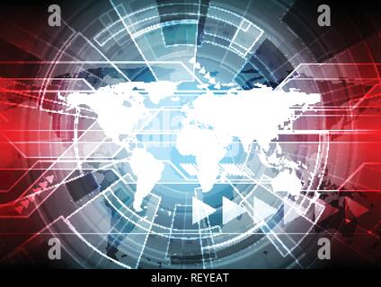 Abstract red and blue technology background with world map, HUD gear and arrows. Vector illustration Stock Vector