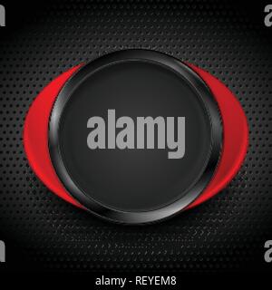 Black and red glossy circle shapes on dark perforated metallic texture. Technology concept vector design Stock Vector