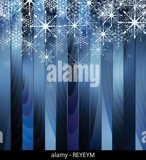 Falling snowflakes on blue wooden background. Vector Christmas template design Stock Vector