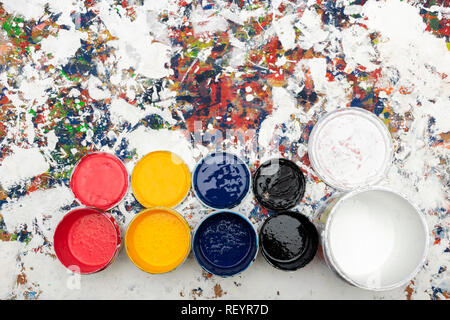 Color tank lined, red, yellow, blue, black, white. Colorful backdrop background. Abstract Expressionism, Compared with the art of creation. The sloppy Stock Photo