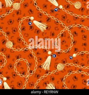 Seamless pattern with gold chains and leopard orange spots. Stock Vector