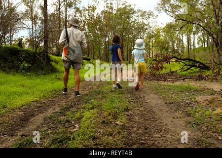 Children and father walking along a four wheel drive track through a forest, Mia Mia State Forest, Queensland, Australia Stock Photo