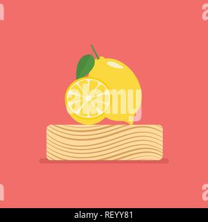 Fresh lemon on wood chopping block. Vector illustration Stock Vector