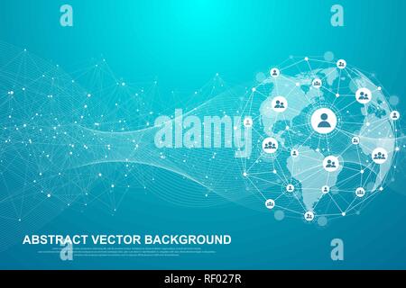 Global structure networking and data connection concept. Social network communication in the global computer networks. Internet technology. Business. Science. Vector illustration. Stock Vector