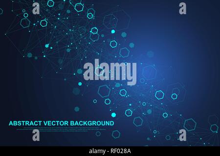 Abstract hexagonal background with waves. Hexagonal molecular structures. Futuristic technology background in science style. Graphic hex background for your design. Vector illustration Stock Vector