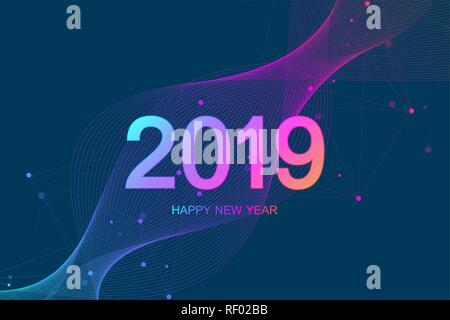 Merry Christmas and Happy New Year 2019 greeting card. Modern futuristic template for 2019. Flowing lines, waves, dots. Vector illustration. Stock Vector