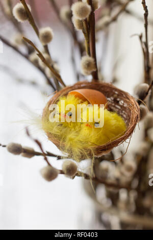 Little toy Easter chickens. Happy easter . Holiday Stock Photo