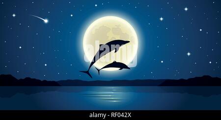 two dolphins jump out of the water in the moonlight vector illustration EPS10 Stock Vector