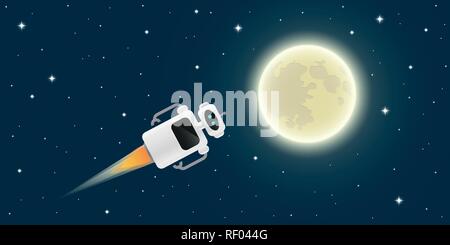 cute robot is flying to the full moon in space vector illustration EPS10 Stock Vector