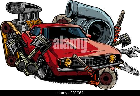 Vintage car components collection witn automobile motor engine piston steering wheel tire headlights speedometer gearbox shock absorber isolated vector illustration Stock Vector