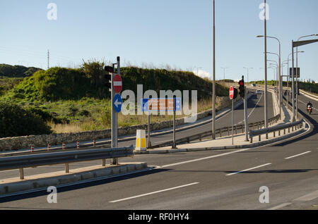 Mellieha, Malta 30 december 2018 Road to popeye village, sign showing 1km to destination Stock Photo