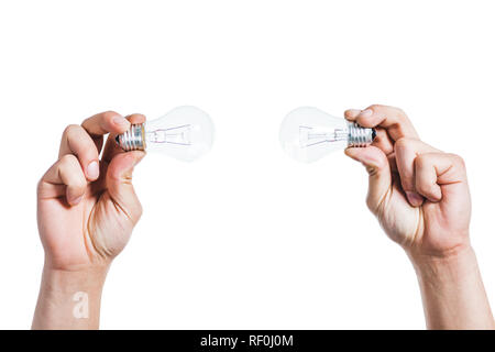 cropped view of light bulbs in hands of man isolated on white, energy efficiency concept Stock Photo