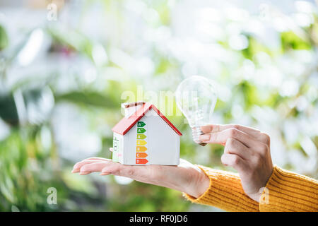 cropped view of woman holding led lamp and carton house, energy efficiency at home concept Stock Photo