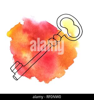 A vector ink drawing of a key on a watercolor background texture, an abstract icon or a sketch with a place for text Stock Vector