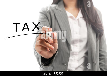 Business woman with marker write tax text on transparent board. Taxes concept Stock Photo