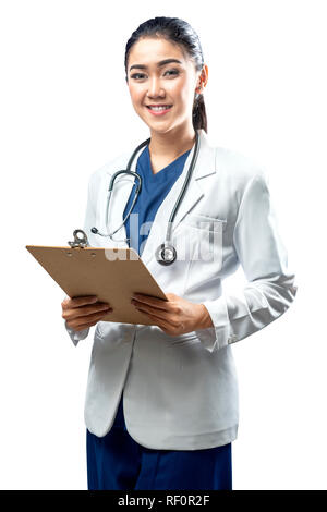 Portrait of asian woman doctor in white coat and stethoscope holding clipboard isolated over white background Stock Photo