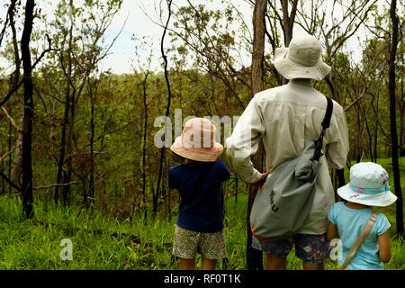 Children spending time with their father outdoors in a forest, Mia Mia State Forest, Queensland, Australia Stock Photo