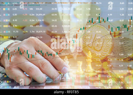 The concept of investing in the stock market, Businessman is playing chess. Good financial planning must be thorough. The background is a lot of gold  Stock Photo