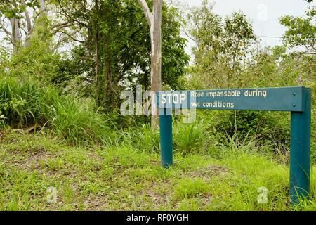 Stop Road impassable in wet conditions sign, Mia Mia State Forest, Queensland, Australia Stock Photo