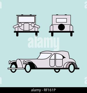 Aristocratic retro car. Isolated elegant car 20s of the twentieth century. Front, back, side view. Concept for infographics, catalogs, information, tr Stock Vector