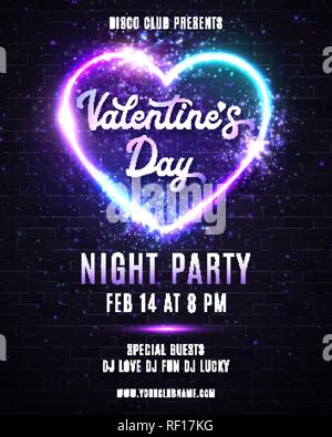 Happy Valentines Day party poster. Template of invitation, flyer, poster or greeting card. Neon sign for dance party design in 80s style. Colorful glowing vector illustration. Stock Vector