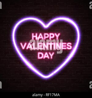 Happy Valentines Day neon lettering text in bright glowing electric heart shape frame. Street neon sign on dark brick wall background. Valentine's card with neon letters. 80s style vector illustration Stock Vector