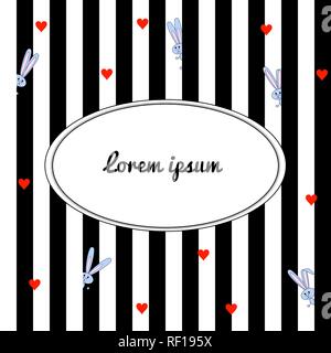 Black and white striped background with cartoon gray rabbits and red hearts. With place for congratulations, inscriptions. Stock Vector