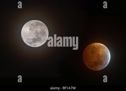 Full Moon and Super Blood Wolf Moon during totality as seen over the skies of Albuquerque, New Mexico, USA Stock Photo