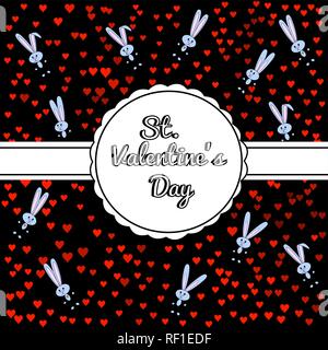 Festive black background with a cute gray bunny and confetti from red shades of hearts. Round carved tag with white ribbon. For postcards, greetings, invitations to a party. Stock Vector