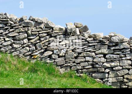 Dry stone wall on the Isle of Purbeck, Dorset. Rough limestone wall with random courses divides sloping coastal fields Stock Photo