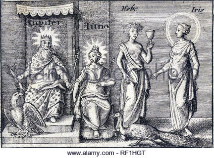 Roman gods Jupiter and Juno and Greek Gods Hebe and Iris, etching by Bohemian etcher Wenceslaus Hollar from 1600s Stock Photo