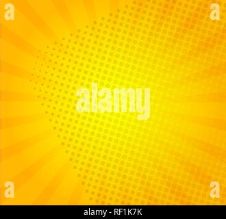 Sunburst on yellow background with dots. Template for your design, concept of hot summer. Radial sun rays.Vector illustration. Stock Vector