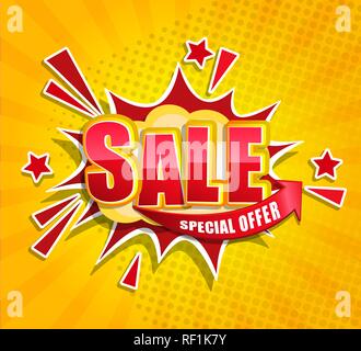 Comic Sale Boom banner in retro pop art style on sunburst background with dots and ribbon. Special offer card, discount template, sticker tag, label, advertising badge, banner. Vector illustration. Stock Vector