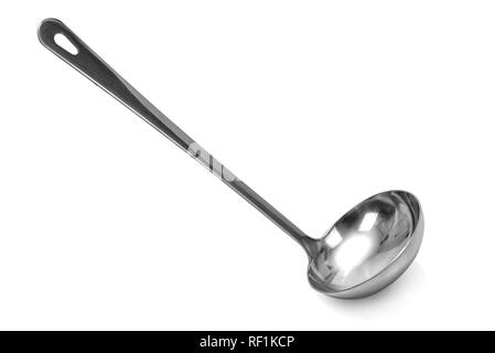 Metal kitchen soup ladle isolated on white background in close-up Stock Photo