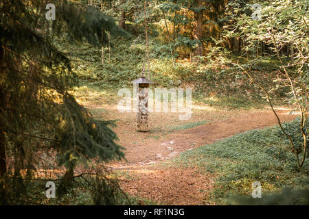 JUODKRANTE, LITHUANIA - AUGUST, 2018: Traditional Lithuanian Raganu kalnas wood carving art sculptures of folk musicians in public nature park in Juod Stock Photo