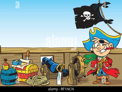 The illustration shows a young boy who plays the pirate. Illustration done in cartoon style. Stock Vector