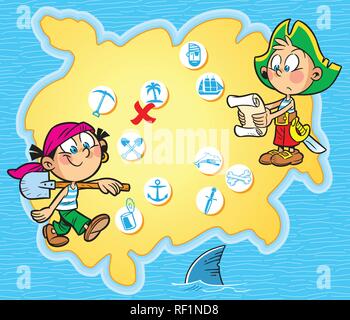 The illustration shows children playing pirates. Boy and girl in pirate clothes are on the background  map island with symbols. Around the map blue se Stock Vector