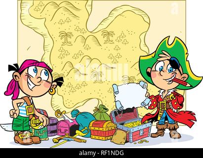 The illustration shows children playing pirates. Boy and girl in pirate clothes are on the background map . Next to them are the chest and attributes. Stock Vector