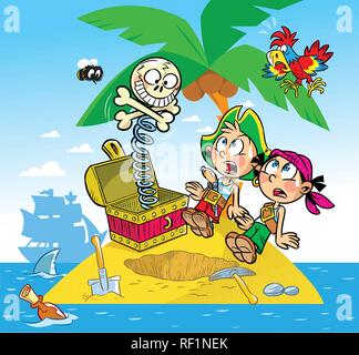 The illustration shows the fun of children. They play pirates.They found a toy instead of treasure. Stock Vector