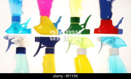 Plastic spray bottles, household cleaners Stock Photo
