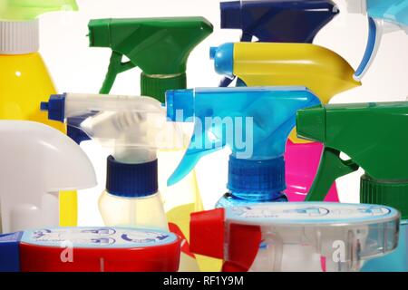 Plastic spray bottles, household cleaners Stock Photo