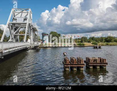 The bridge that crosses over the Canal de Caen was the first objective taken by airborne troops in the Normandy campaign on D-Day 1944 The original br Stock Photo