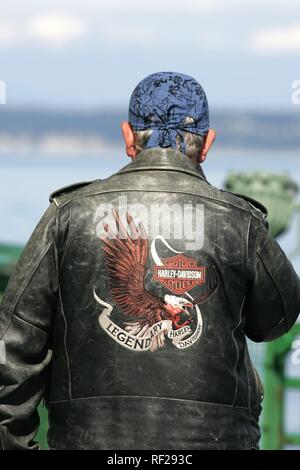 Man wearing a Harley Davidson leather jacket, Washington, USA, North America Stock Photo