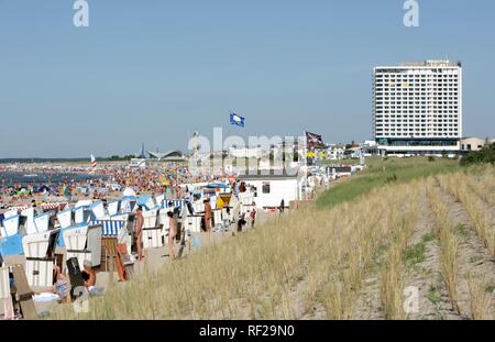 Beach, dunes and Hotel Neptun, Baltic Sea resort town of Warnemuende, Rostock region, Mecklenburg-Western Pomerania Stock Photo