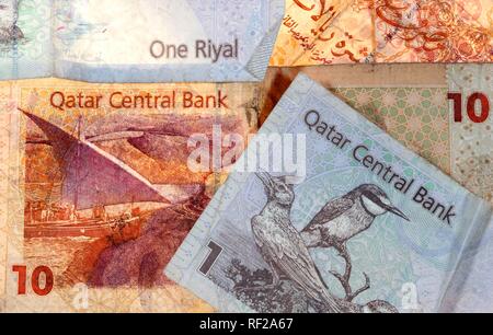Riyal currency, Qatari riyal (QR), banknotes, bills, Qatar Stock Photo