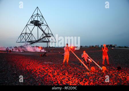 Alpenhorn players during the additional shift, long night of industrial culture, volcano expedition theme, on the Tetraeder Stock Photo