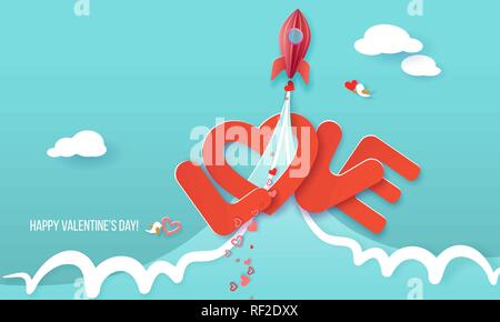 Valentines day card. Rocket start up and fly over big letters LOVE on blue sky background. Vector paper art illustration. Paper cut and craft style. Stock Vector