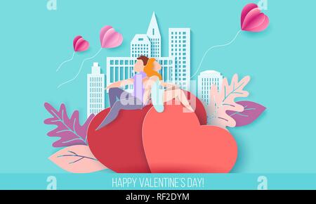 Valentines day card with couple holding hands in love and sitting on red hearts background with modern sity and air balloons. Vector paper art illustration. Paper cut and craft style. Stock Vector